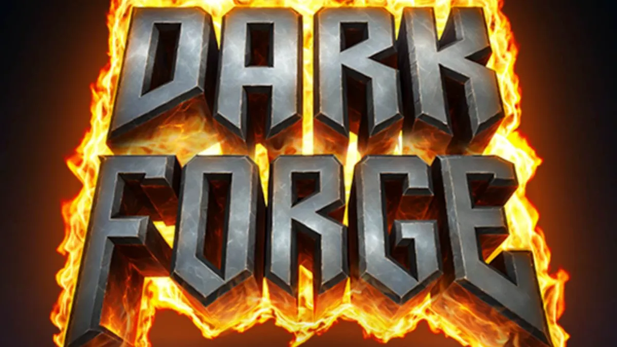 Tampilan visual slot Dark Forge dengan latar belakang bengkel pandai besi iblis yang membara.